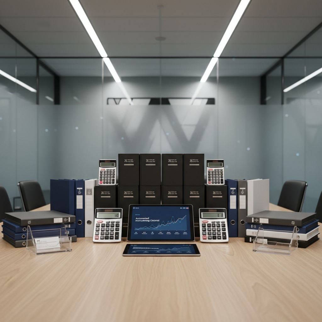 A collection of calculators and binders is prominently displayed on a table, suggesting a use in an office or educational ...