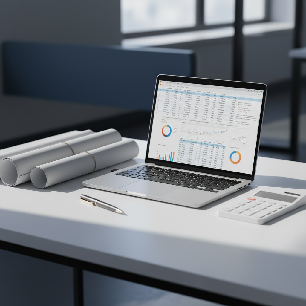 An office desk with a laptop open displaying a spreadsheet and bar graph, surrounded by such office supplies as a pen, cal...
