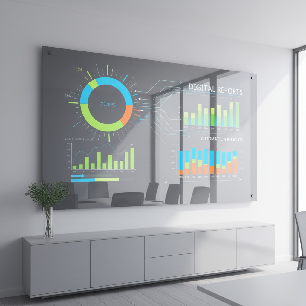 Digital reports and automation insights displayed on a large screen in a modern office setting, including a pie chart, bar...